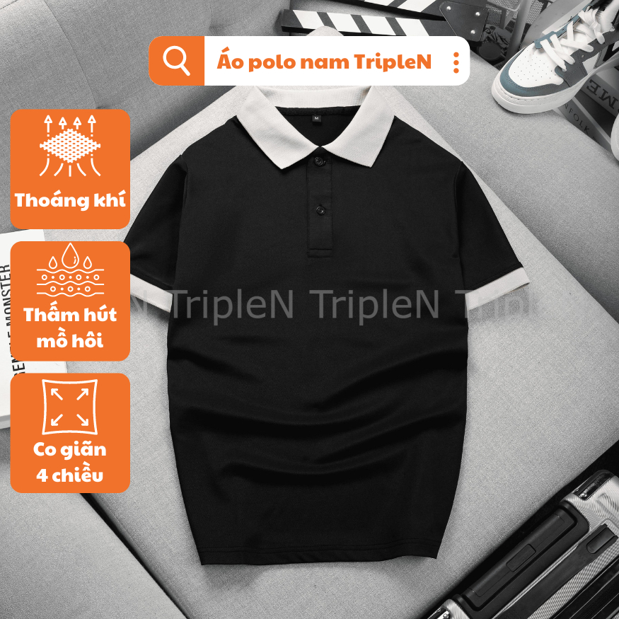 Áo thun polo nam TripleN tay ngắn phối màu trắng đen kiểu dáng trẻ trung, chất liệu vải cá sấu co dãn 4 chiều