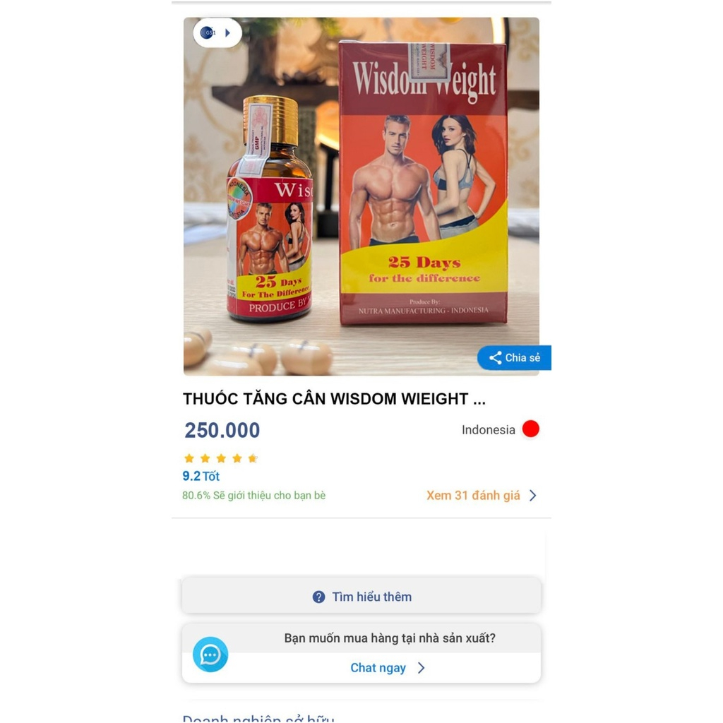 Tăng Cân Wisdom Weight Tăng Cân An Toàn Không Tích Nước Chính Hãng INDONESIA Hộp 25 Viên