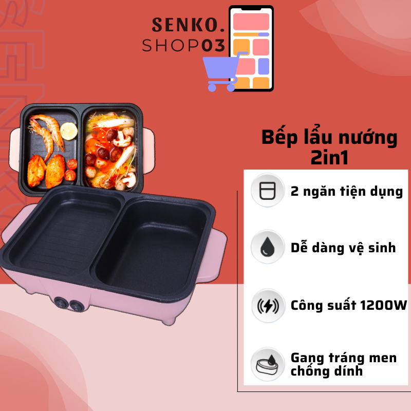 Bếp lẩu nướng 2 ngăn Hàn Quốc, Nồi lẩu 2 in 1 siêu chống dính đa năng_Bảo hành chính hãng 6 tháng