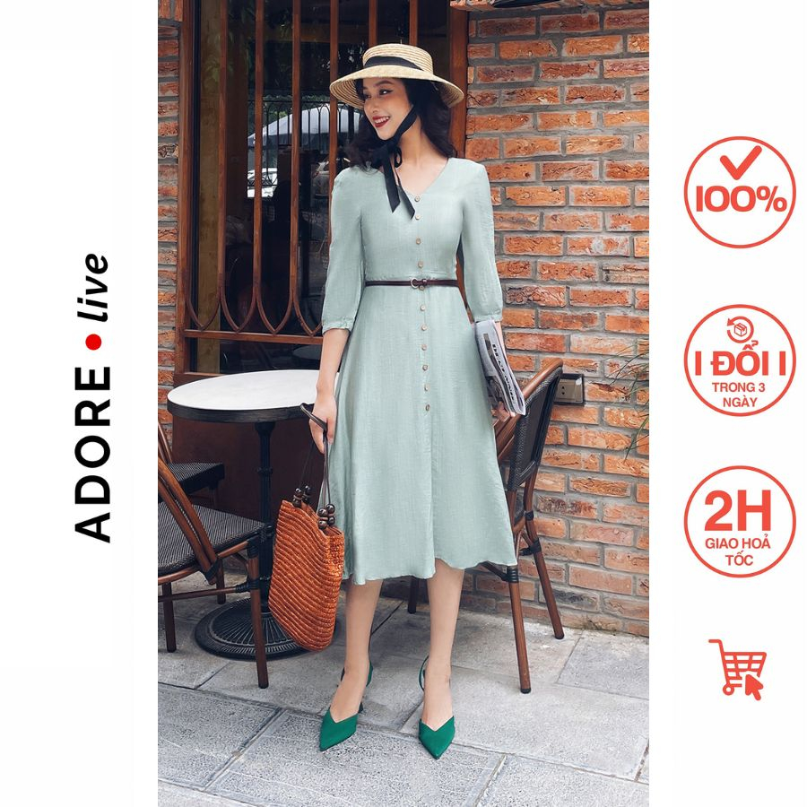 Đầm Midi dresses cổ tim giả đũi mint khuy dừa 321DR2045 ADORE DRESS