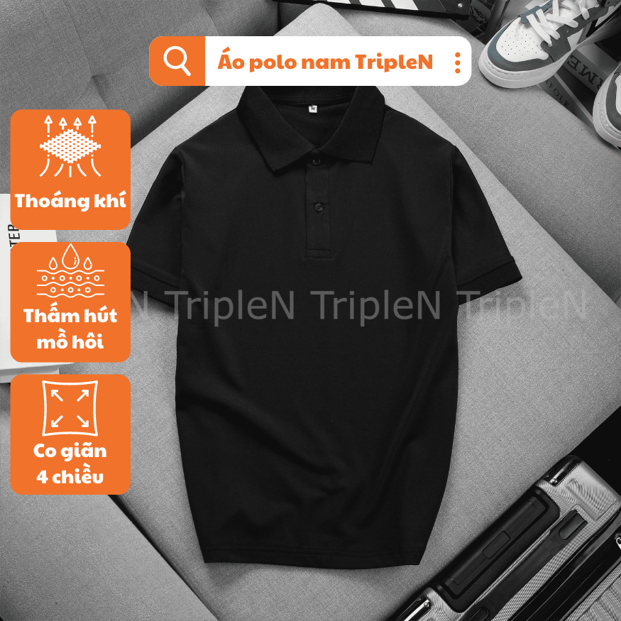Áo thun polo nam TripleN ngắn tay màu đen kiểu dáng trẻ trung, nam tính co giãn 4 chiều, thấm hút và thoải mái