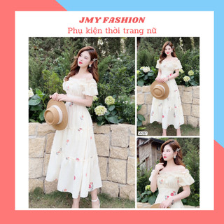 V257, VH257 Váy trễ vai hoa nhí maxi đi biển vintage [Hà Thanh&Rency] váy kem hoa nhí dáng dài tiểu thư