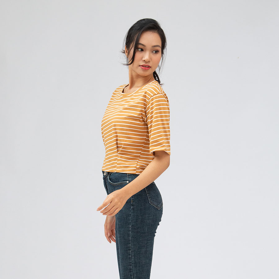 Áo thun nữ croptop cổ tròn ôm, tay ngắn và nhún thun lai áo_Gavani_STRIPE COLOUR 3