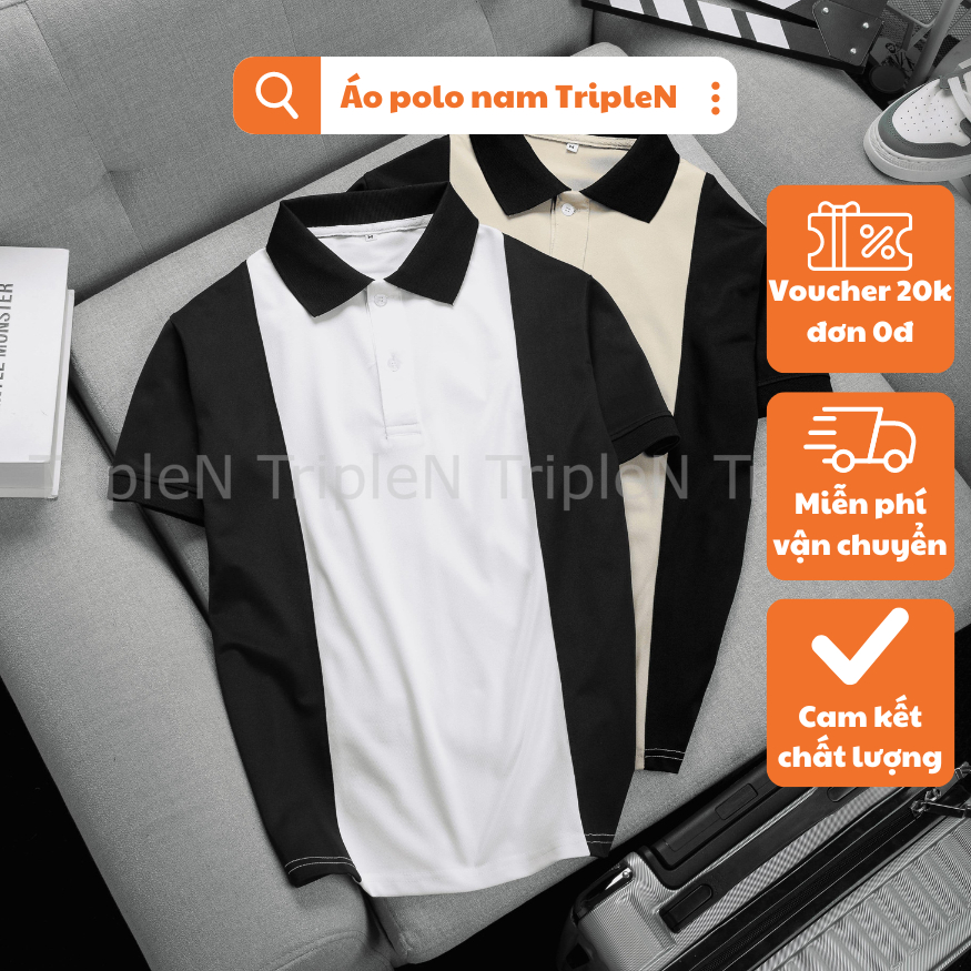 Áo thun nam polo có cổ TripleN tay ngắn vải cá sấu cotton co giãn 4 chiều cao cấp, phối tay trẻ trung, thời trang