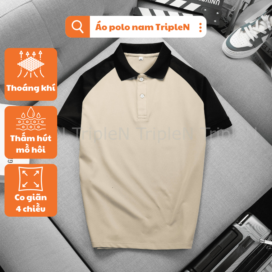 Áo thun nam polo có cổ TripleN tay ngắn vải cá sấu cotton co giãn 4 chiều cao cấp, phối tay trẻ trung, thời trang