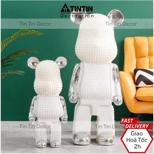 Mô Hình Gấu Bearbrick Đính Ngọc Trai Loại Cao Cấp Dùng Decor Trang Trí Phòng Khách, Phòng Ngủ Văn Phòng 50cm 80cm