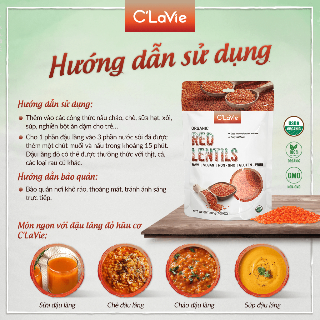 Đậu lăng đỏ tách vỏ hữu cơ C'LaVie 200g