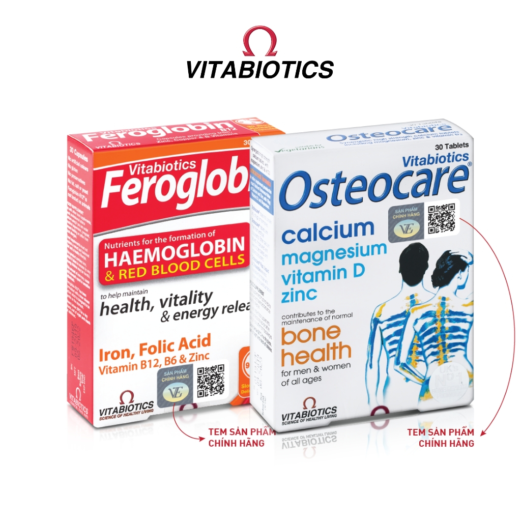 Bộ Sản Phẩm Vitabiotics OSTEOCARE Giúp Xương Chắc Khỏe 30 Viên Và FEROGLOBIN B12 Bổ Sung Sắt 30 Viên