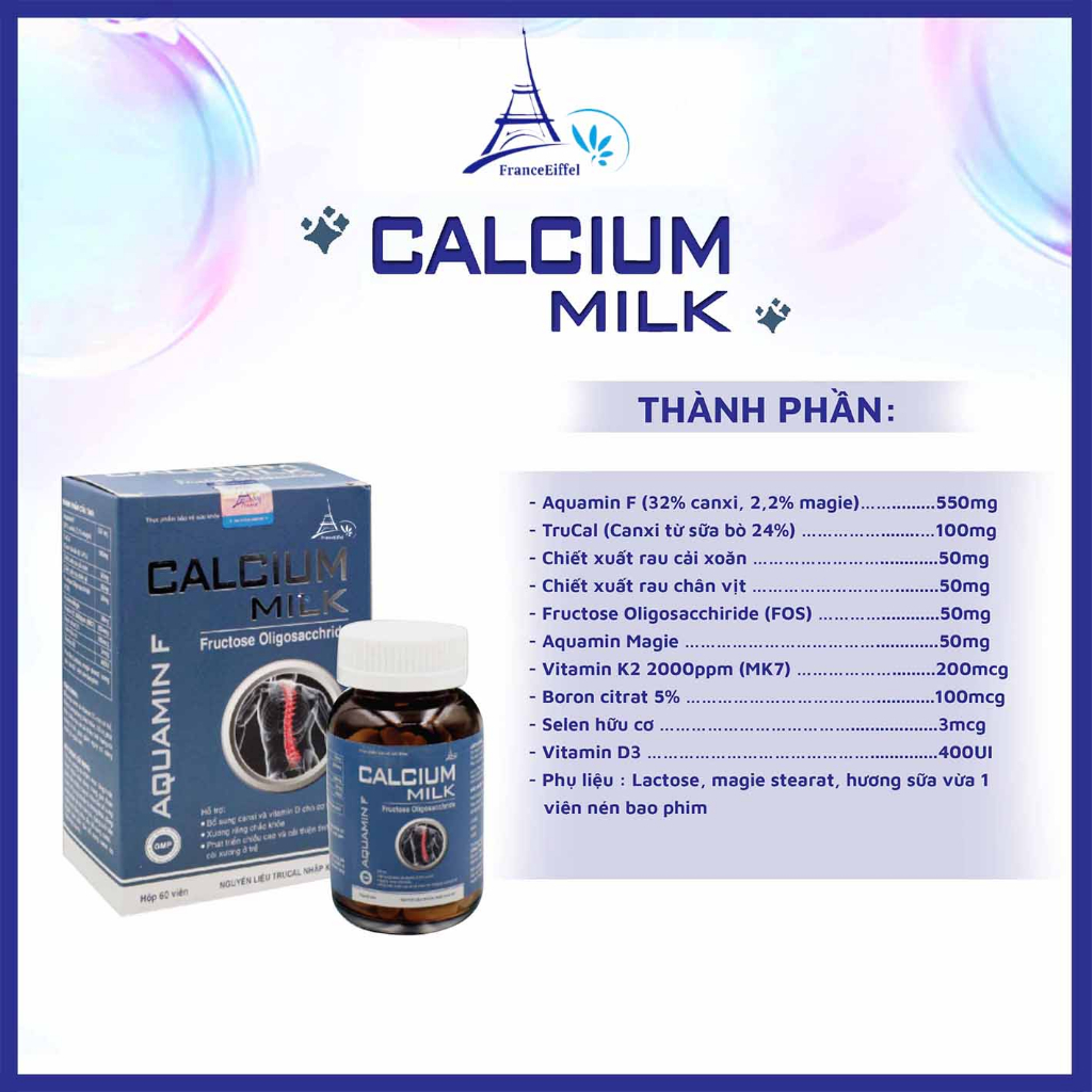 Viên Uống Bổ Sung Canxi Calcium Milk Và Vitamin D Cho Cơ Thể - FranceEiffel Hộp 60 viên