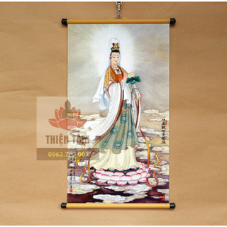 Tranh Quan Âm Bồ Tát treo tường 40x70cm bằng vải phủ bóng cao cấp dày dặn