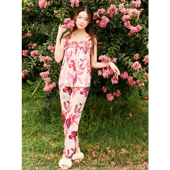 Bộ đồ ngủ nữ pyjama lụa thiết kế cao cấp LYSILK - BN363 - Áo 2 dây quần dài đồ mặc nhà phối tơ lụa họa tiết hoa