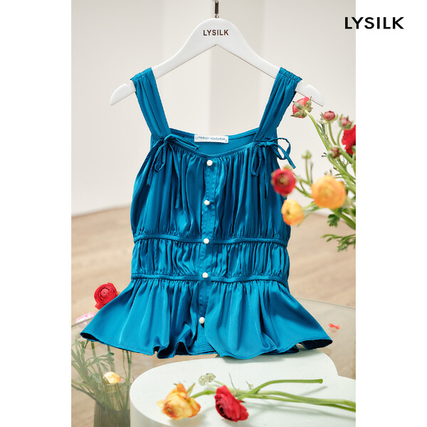 Bộ đồ ngủ Pyjama Lụa hai dây thiết kế cao cấp LYSILK - BN127 màu xanh - Áo hai dây quần ngắn