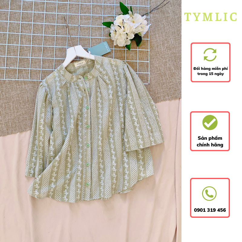 Áo Sơ Mi Cổ Trụ Đũi Tơ Tay Phồng Hoa Nhí Sọc TYMLIC