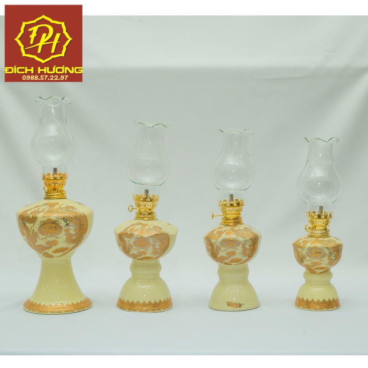 Đèn tờ dầu men vàng phúc lộc thọ(chiều cao gồm bóng)