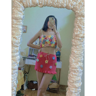 SET  ÁO HOA CHÂN VÁY HỒNG ĐÍNH HOA - BIKINI LEN MÓC CÓ SẴN SIZE SML HIMI157