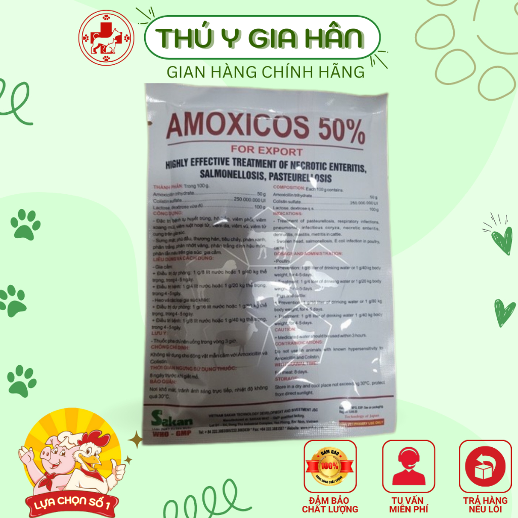 Amox 50/ amoxicos 50% đtr viêm ruột hoại tử, thương hàn, tụ huyết trùng dùng chó, mèo, gà, vịt, lợn, trâu,bò