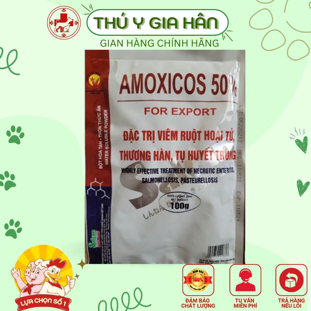 Amox 50/ amoxicos 50% đtr viêm ruột hoại tử, thương hàn, tụ huyết trùng dùng chó, mèo, gà, vịt, lợn, trâu,bò