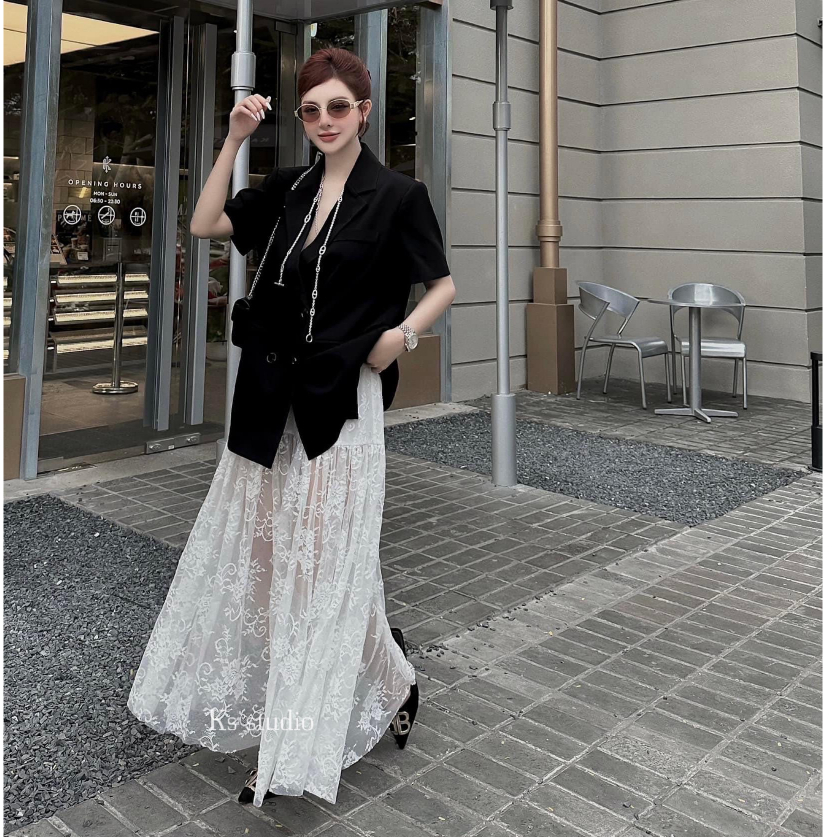 Set Áo Vest Tay Ngắn Phối Chân Váy Ren Dài Trắng Thời Trang Thiết Kế Công Sở Cao Cấp Đi Dự Tiệc Cưới Sự Kiện Hội Họp Lev