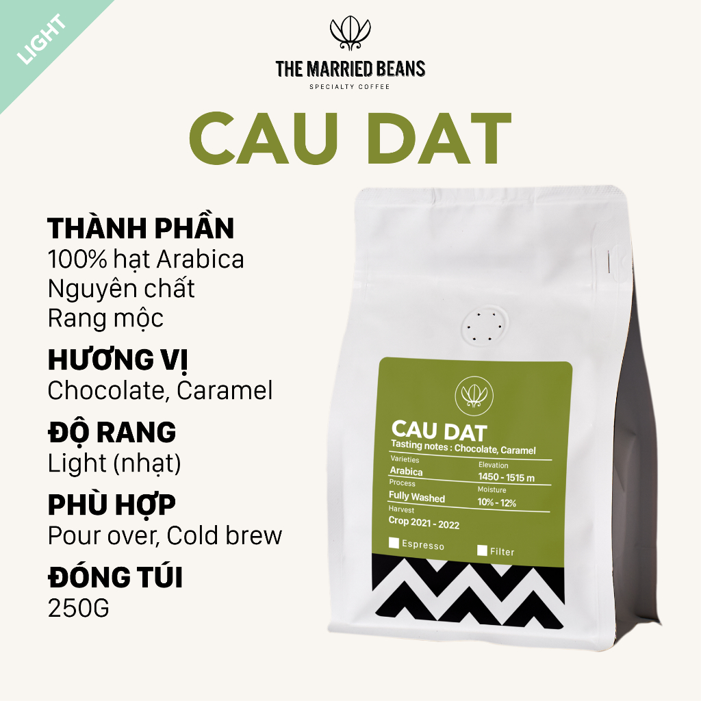 Cà phê đặc sản rang mộc Arabica 100% Cầu Đất, rang nhạt (pour over, cold brew) THE MARRIED BEANS (Túi 250gr)