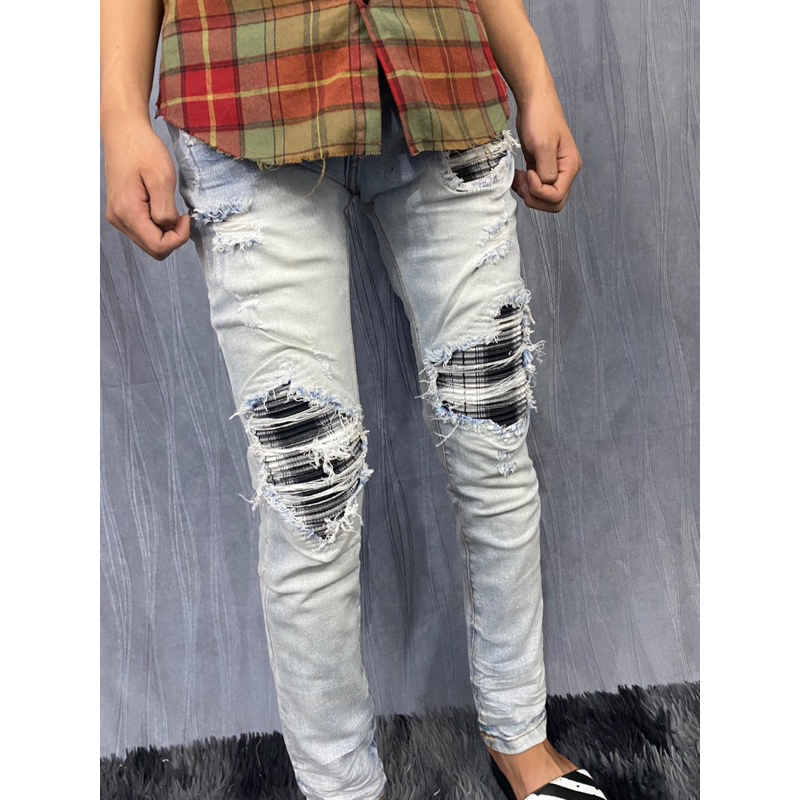 Quần jean xanh bạc vá vải caro đen trắng cứng (ảnh thật)