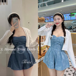 Set jumpsuit jeans ống cúp kèm khoác
