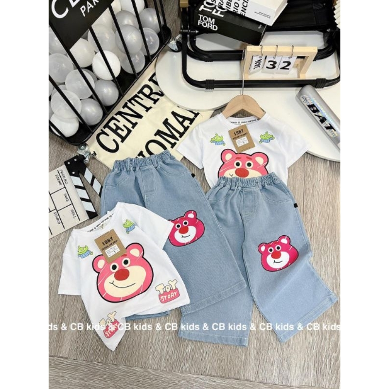 Set bộ quần áo cho bé gái.set áo cotton in hình gấu+quần jean mềm hình gấu cho bé gái 9 đến 30ki hình thật trải sàn