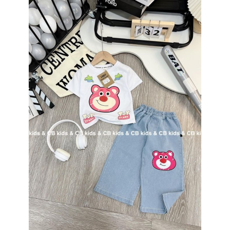 Set bộ quần áo cho bé gái.set áo cotton in hình gấu+quần jean mềm hình gấu cho bé gái 9 đến 30ki hình thật trải sàn