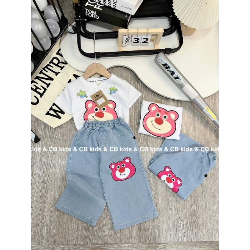 Set bộ quần áo cho bé gái.set áo cotton in hình gấu+quần jean mềm hình gấu cho bé gái 9 đến 30ki hình thật trải sàn