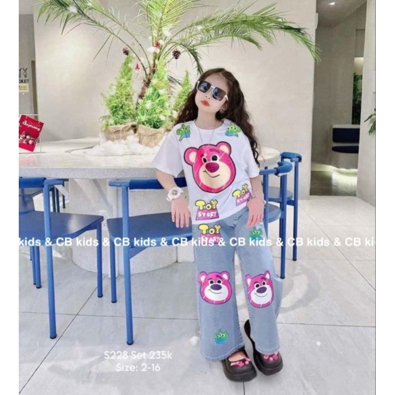 Set bộ quần áo cho bé gái.set áo cotton in hình gấu+quần jean mềm hình gấu cho bé gái 9 đến 30ki hình thật trải sàn