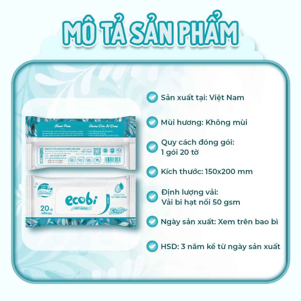 Thùng 05 gói khăn giấy ướt cao cấp cho bé Ecobi gói 20 tờ 110g không mùi không paraben