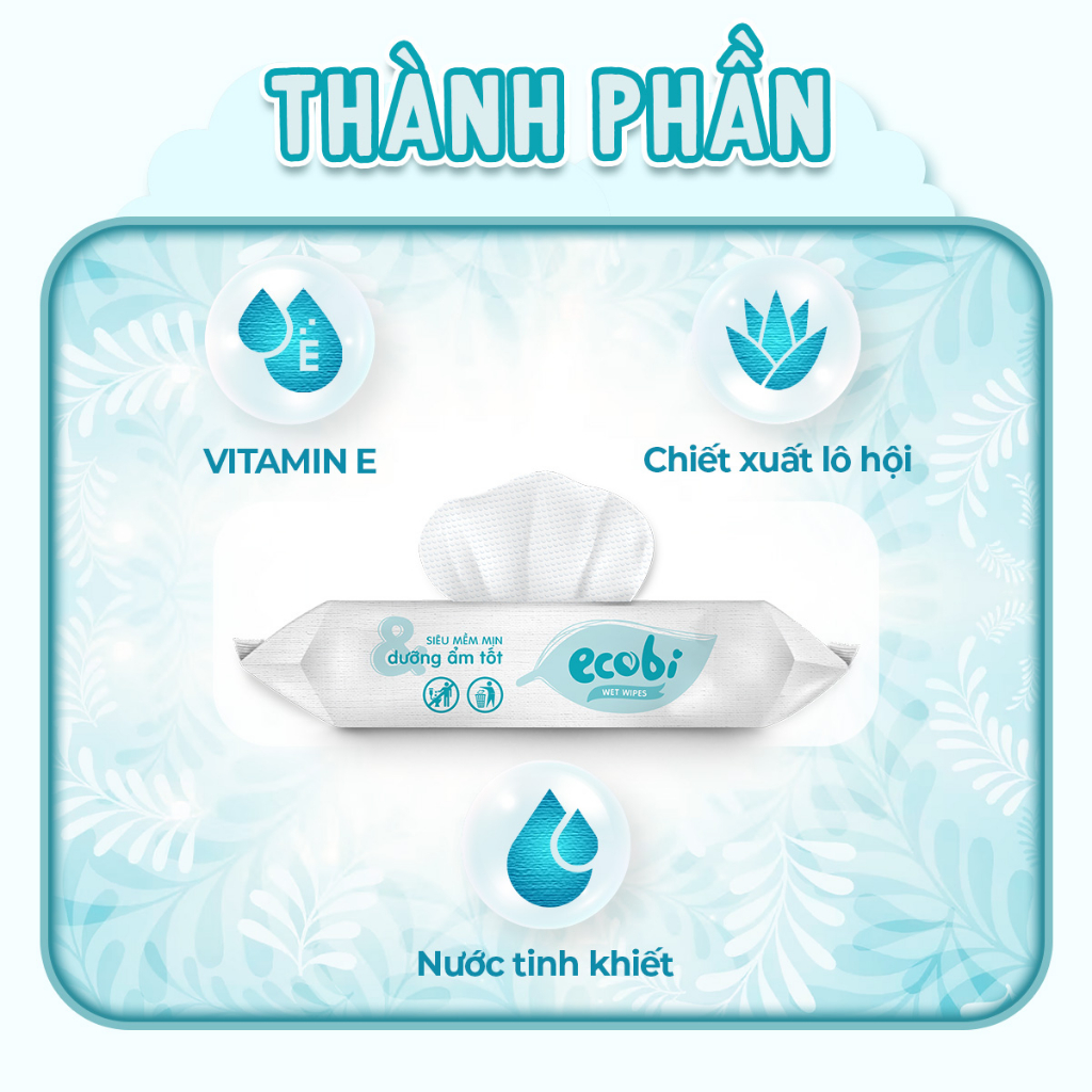Thùng 05 gói khăn giấy ướt cao cấp cho bé Ecobi gói 20 tờ 110g không mùi không paraben