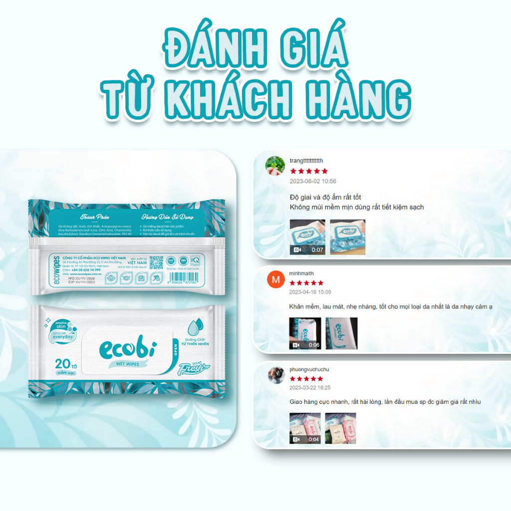 Thùng 05 gói khăn giấy ướt cao cấp cho bé Ecobi gói 20 tờ 110g không mùi không paraben