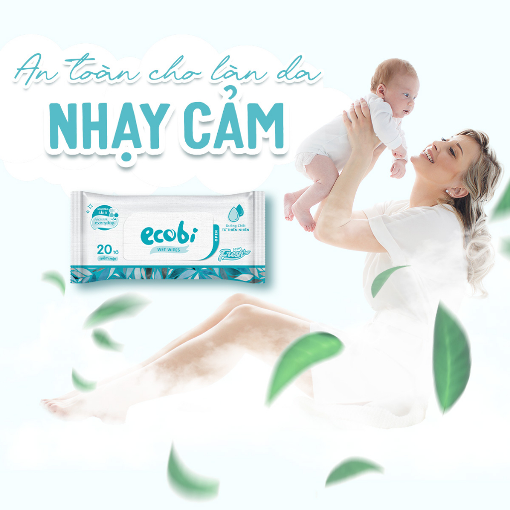 Thùng 05 gói khăn giấy ướt cao cấp cho bé Ecobi gói 20 tờ 110g không mùi không paraben