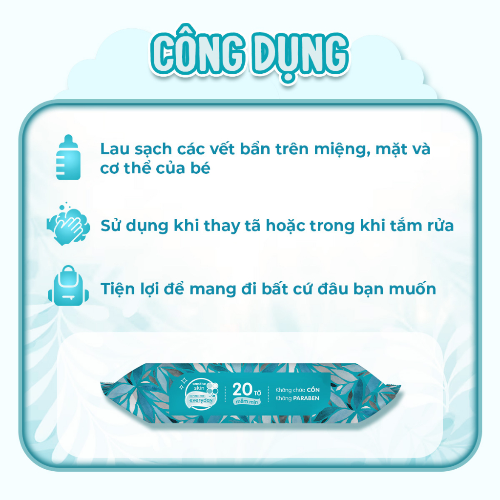 Thùng 05 gói khăn giấy ướt cao cấp cho bé Ecobi gói 20 tờ 110g không mùi không paraben