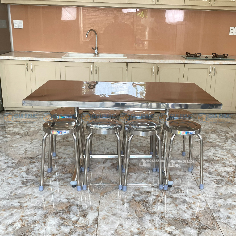 Bộ bàn inox chữ nhật chân chữ T + 6 ghế inox 304 Qui Phúc, Miễn ship HCM