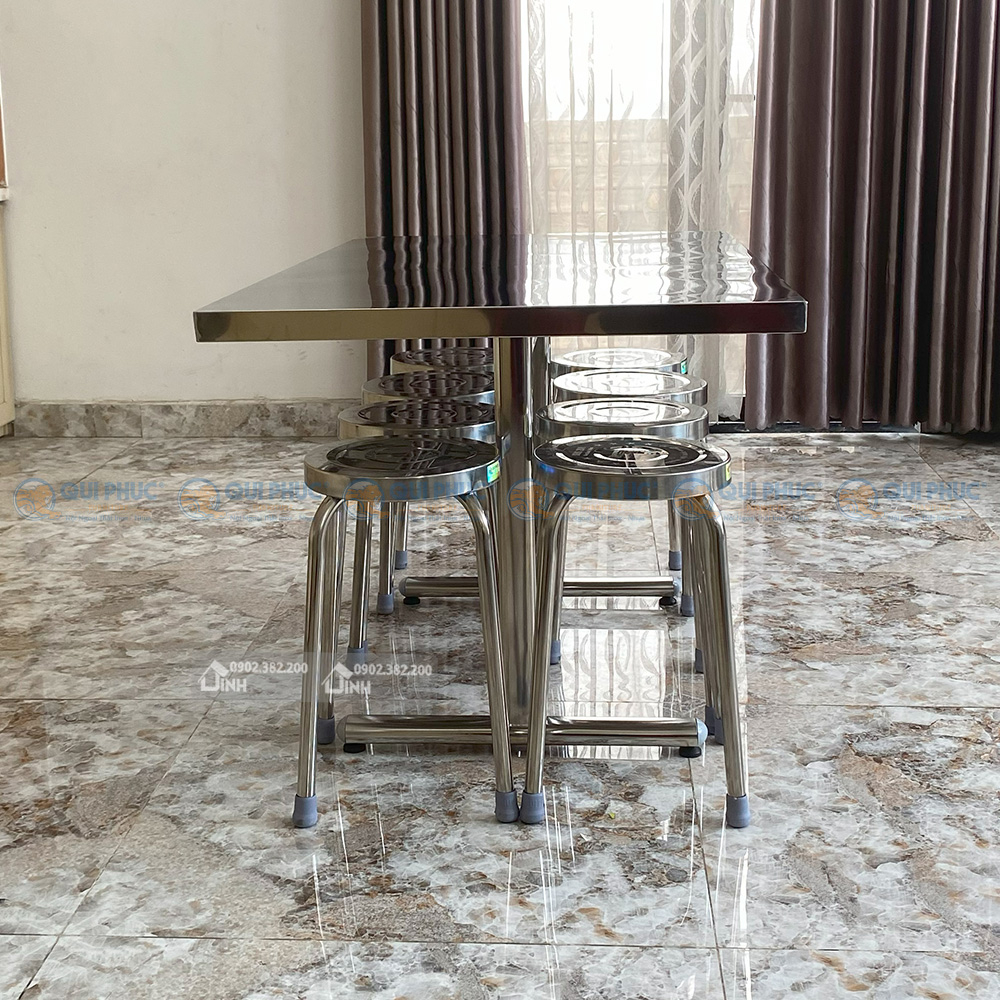 Bộ bàn inox chữ nhật chân chữ T + 6 ghế inox 304 Qui Phúc, Miễn ship HCM