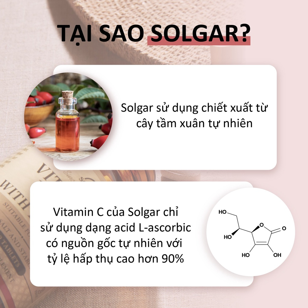 Viên Uống Chiết Xuất Cây Tầm Xuân SOLGAR VITAMIN C 500 MG WITH ROSE HIPS - Hỗ Trợ Tăng Cường Sức Đề Kháng, Đẹp Da 100v