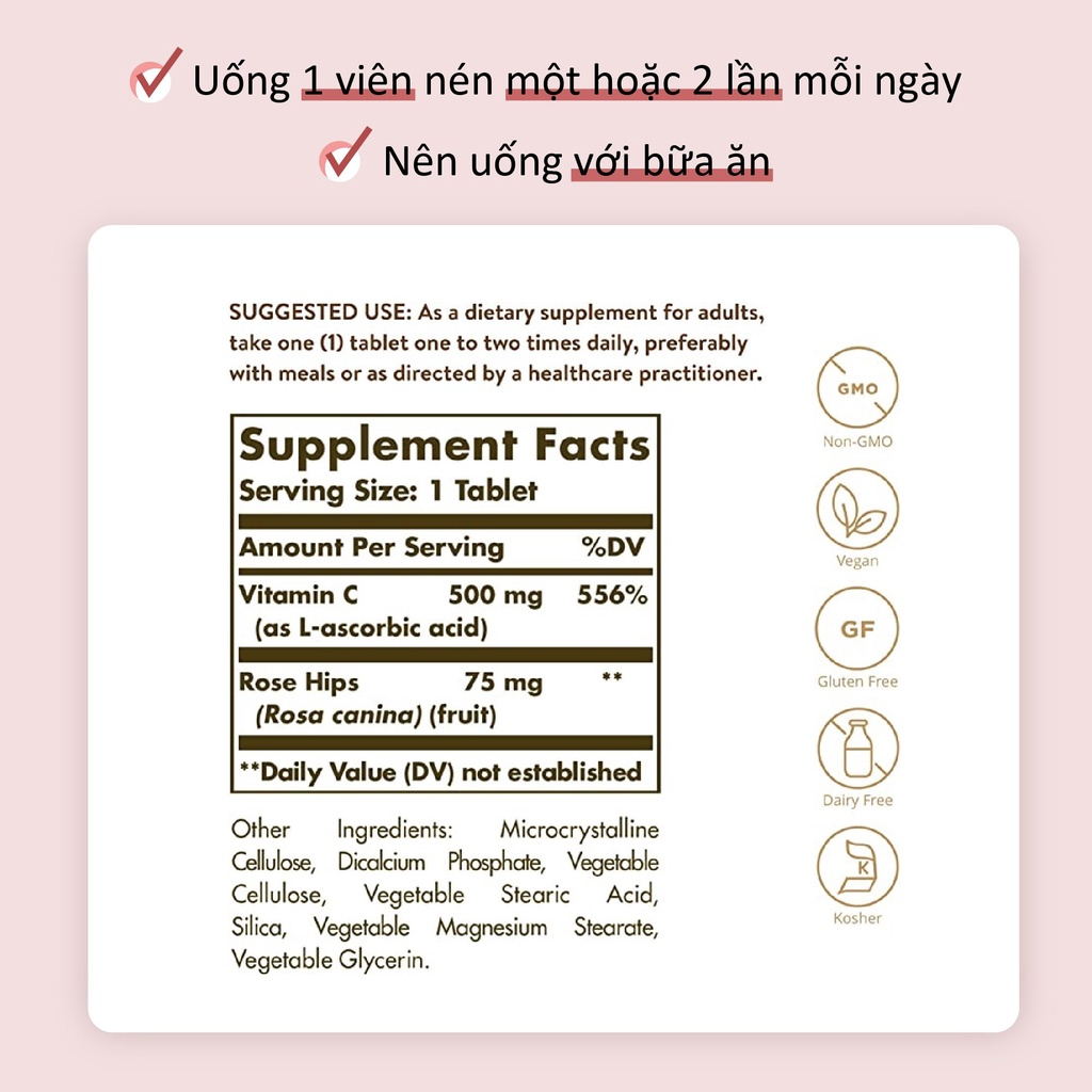 Viên Uống Chiết Xuất Cây Tầm Xuân SOLGAR VITAMIN C 500 MG WITH ROSE HIPS - Hỗ Trợ Tăng Cường Sức Đề Kháng, Đẹp Da 100v