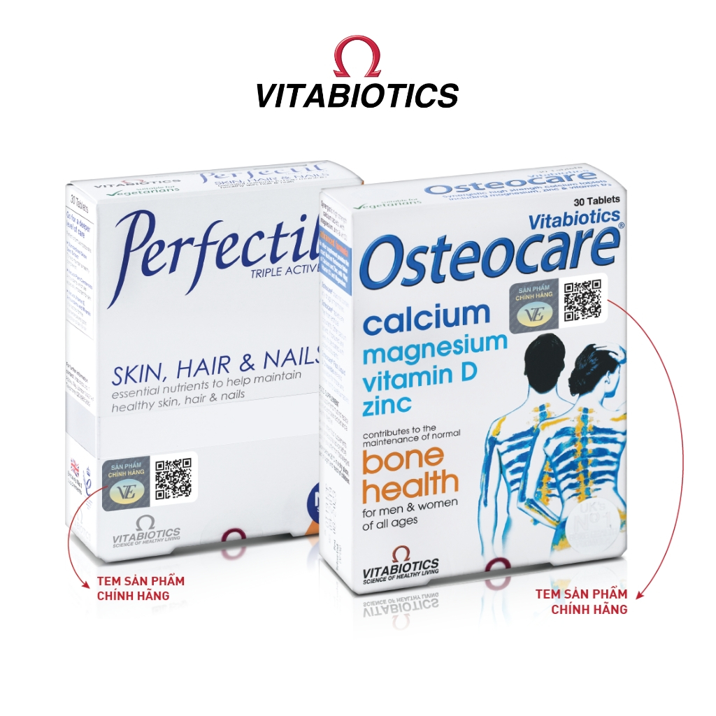 Bộ Sản Phẩm Vitabiotics OSTEOCARE Giúp Xương Chắc Khỏe 30 Viên Và PERFECTIL Làm Đẹp Da, Tóc & Móng 30 Viên