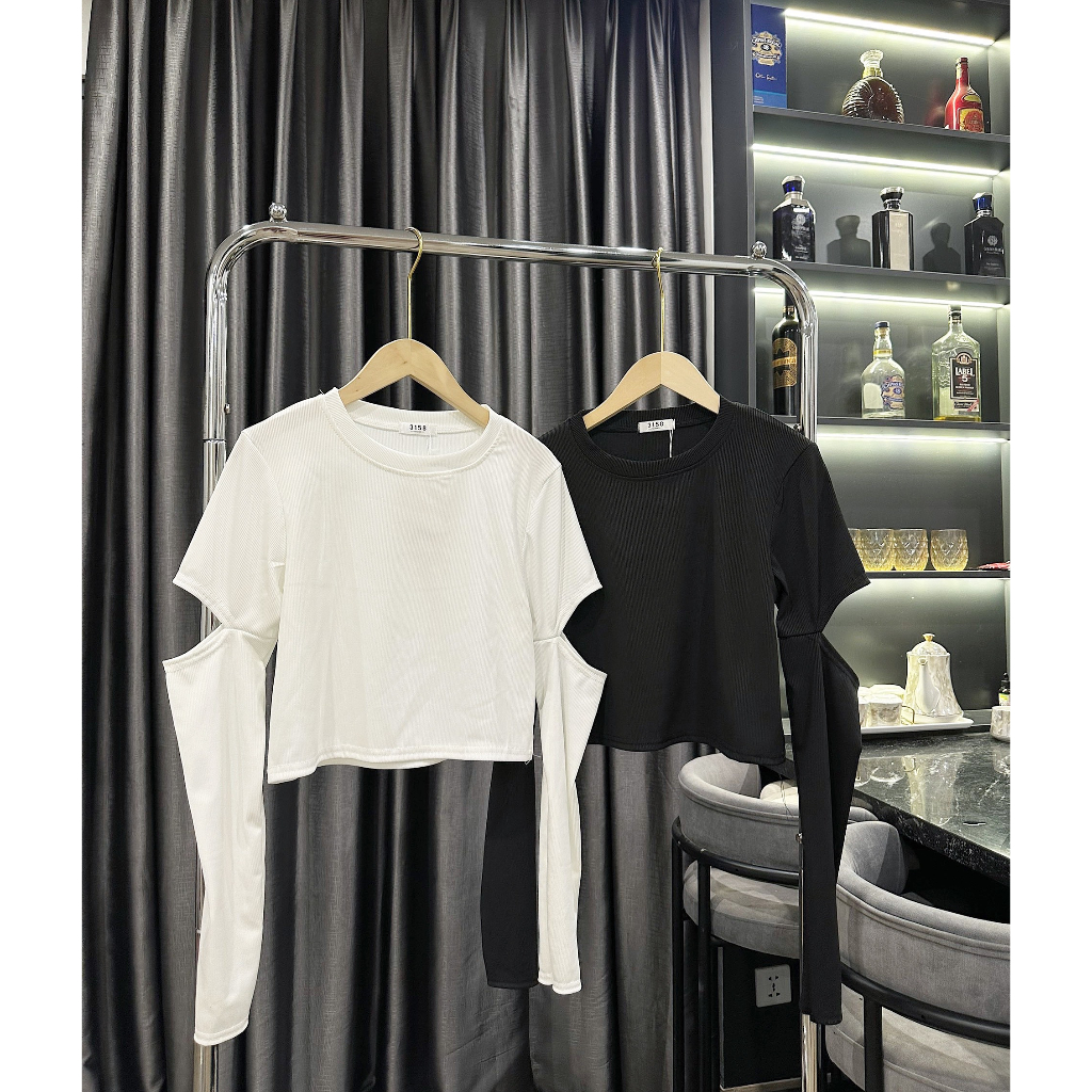 Áo phông nữ,áo thun tăm dài tay khoét vai,áo hở vai,áo khoét hai bên vai xẻ tay tôn dáng chất liệu gân tăm cực dày dặn