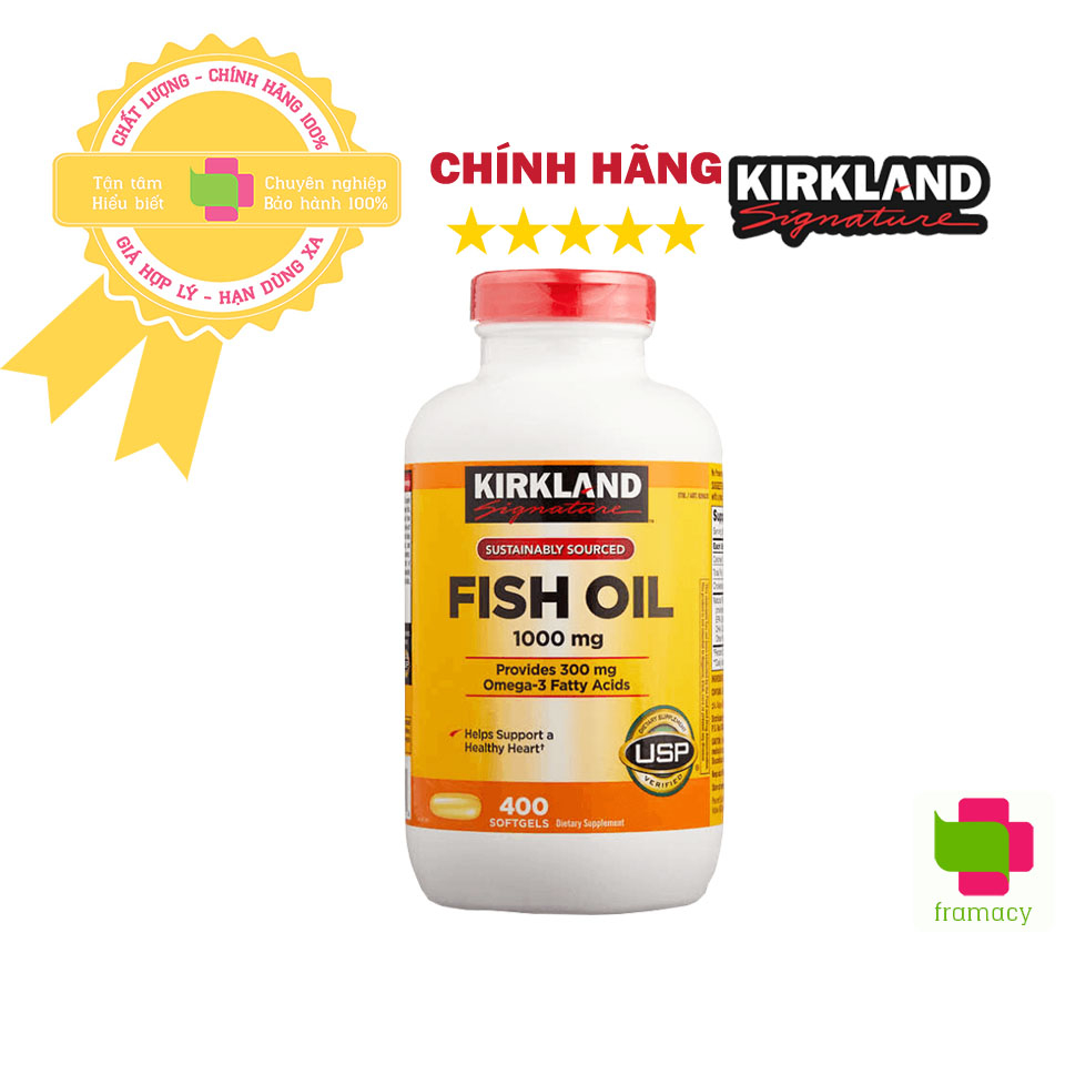 Dầu cá Kirkland Fish Oil 1000mg, Mỹ (400v) bổ sung omega 3 giúp ổn định huyết áp, tim mạch cho người lớn