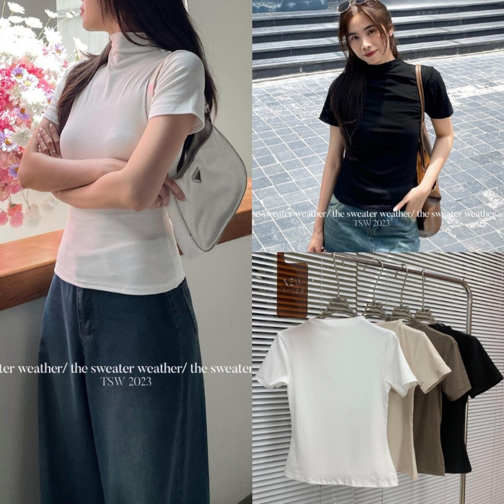 Áo thun trơn tay ngắn cổ zip dáng basic co giãn tốt siêu tôn dáng Maia Aocolo228_P0K10