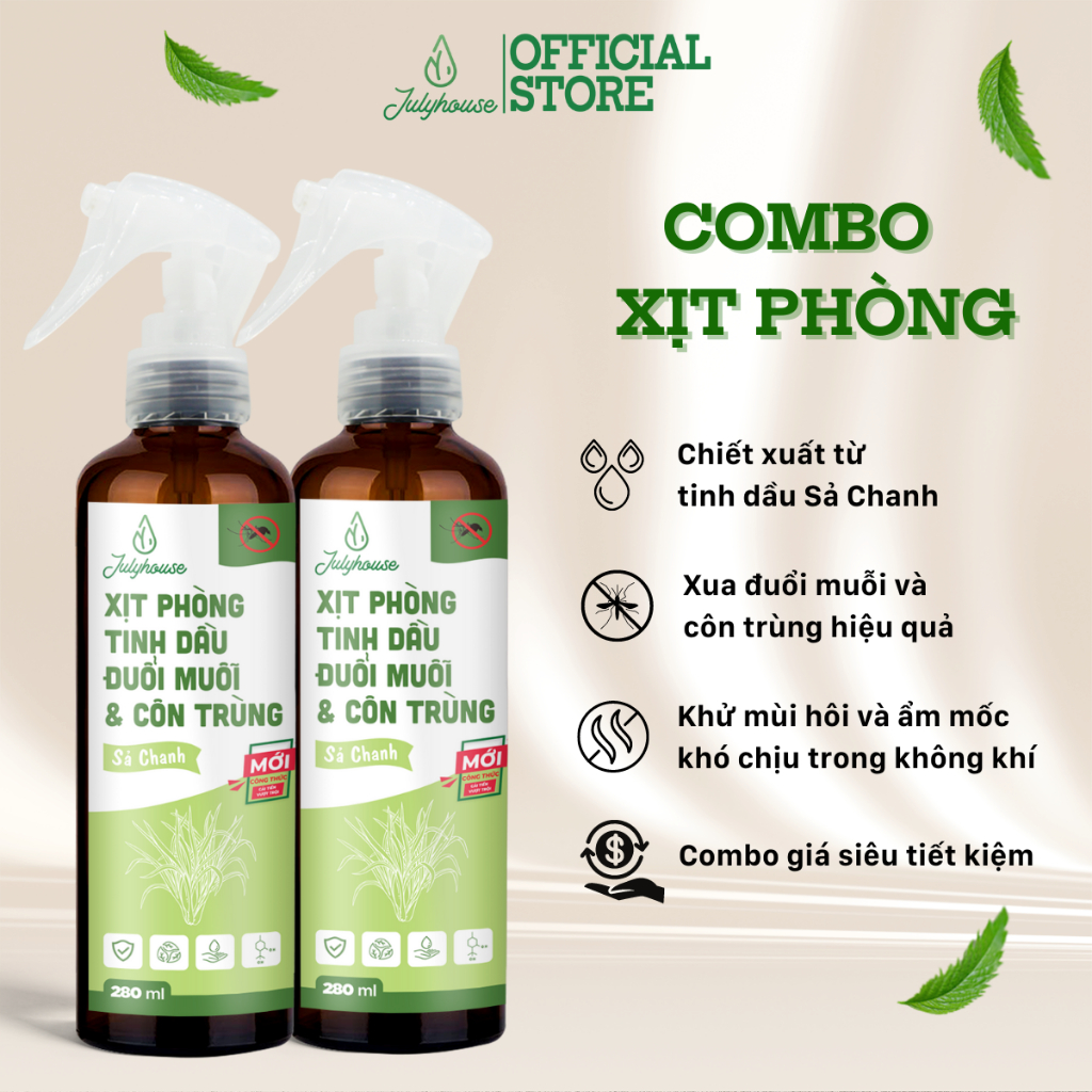 Combo 2 bình xịt phòng tinh dầu Sả Chanh 280ml/chai JULYHOUSE khử mùi đuổi muỗi và côn trùng hương dễ chịu