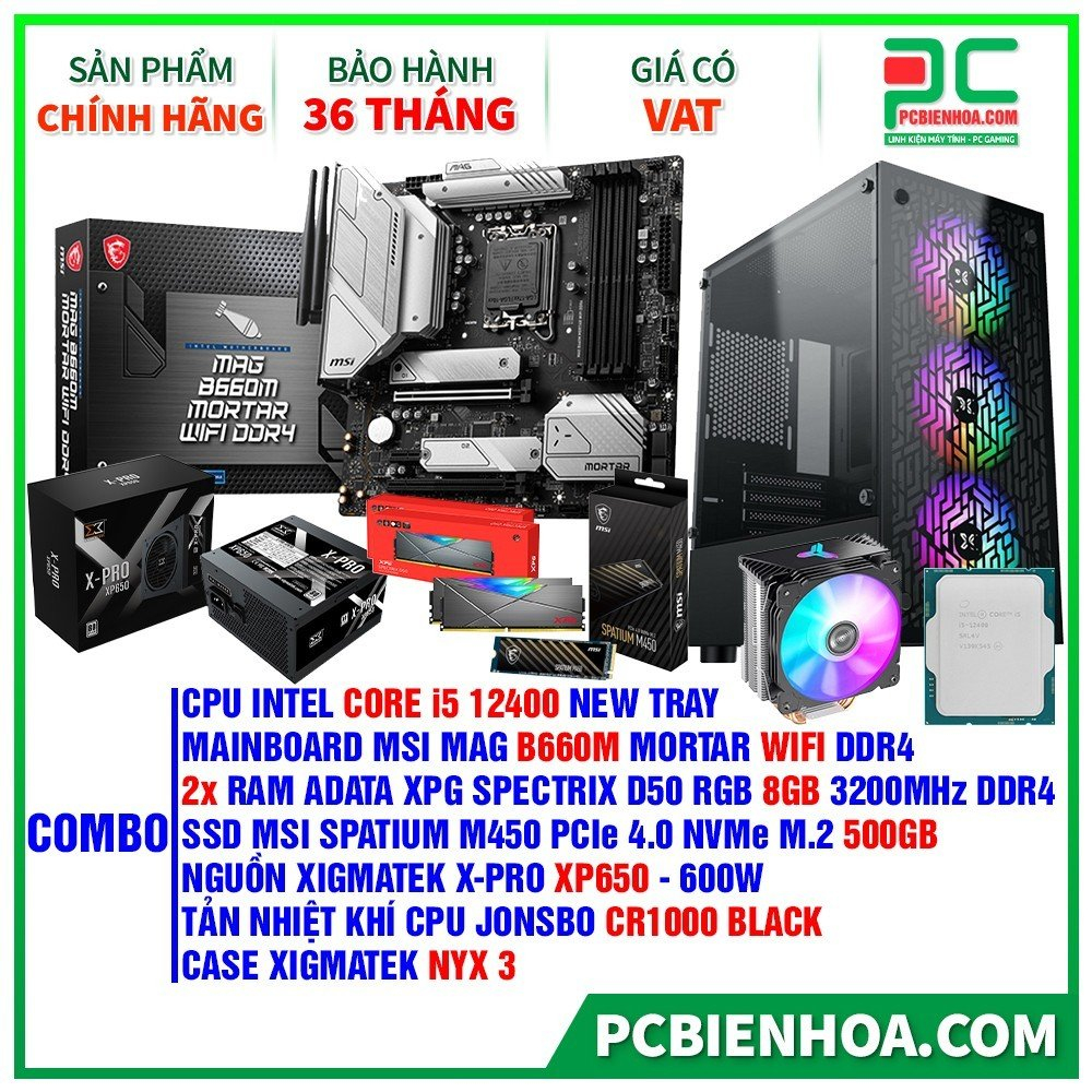 Combo máy tính I5 12400- B660M- 16G -500G- 600W- 36T
