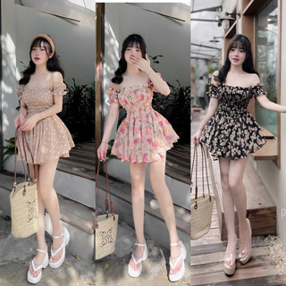 Váy quây hoa chun trễ vai qc