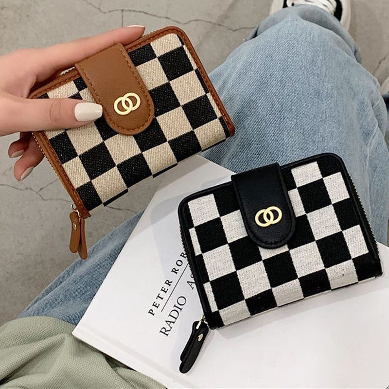 Ví Nữ Mini Cầm Tay Nhiều Ngăn Vải Canvas Hoạ Tiết Kẻ Caro C222