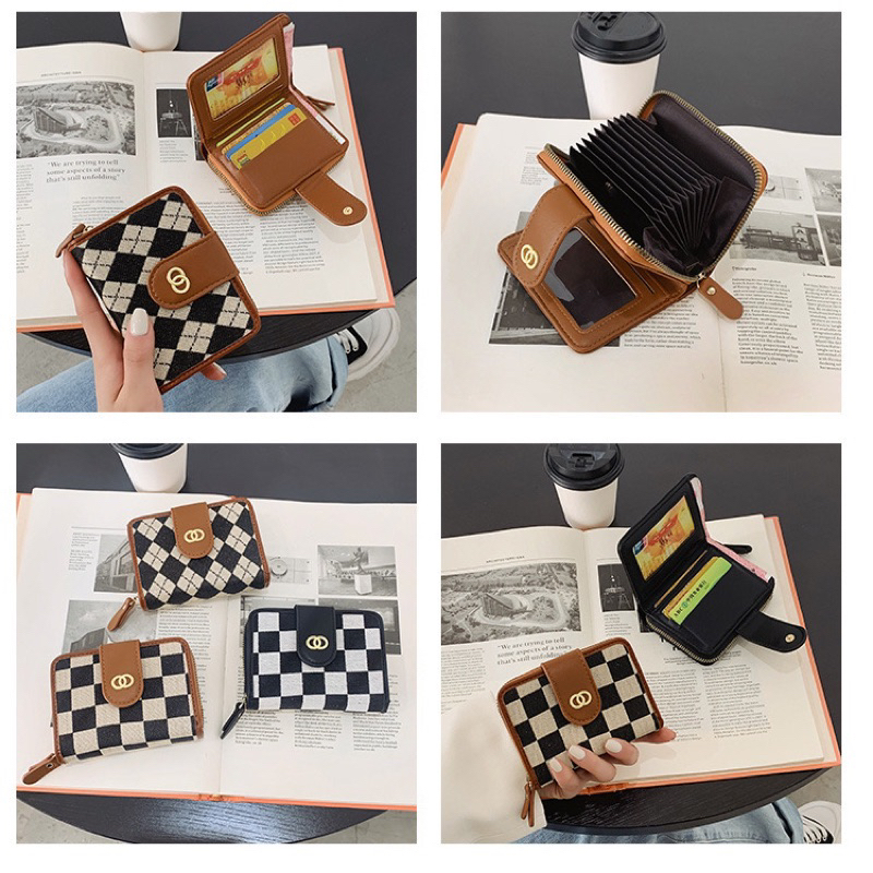 Ví Nữ Mini Cầm Tay Nhiều Ngăn Vải Canvas Hoạ Tiết Kẻ Caro C222