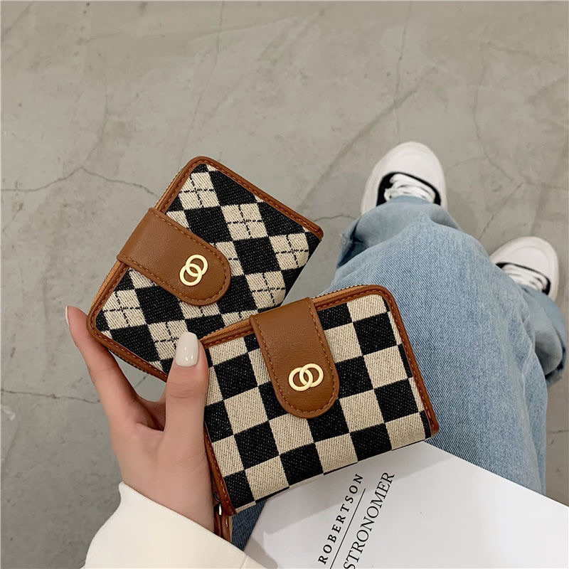 Ví Nữ Mini Cầm Tay Nhiều Ngăn Vải Canvas Hoạ Tiết Kẻ Caro C222