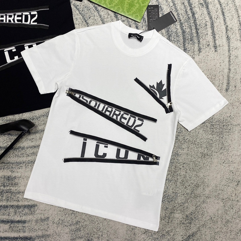 Áo Phông Nam Nữ In Chữ Dsq2 Icon Lá Phong Thêu Khoá Zip Mở Chéo . ÁO Thun Cộc Tay Siêu Cấp Cho Các Boy Phố Đi Cháy phố