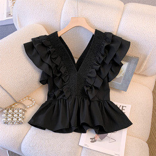 Áo Bigsize Nữ Mập Fashion Áo Kiểu Bigsize Áo Cổ V Đen Bèo Thiết Kế Thon Gọn Tôn Dáng Phối Cùng Chân Váy Quần Jean AO0059